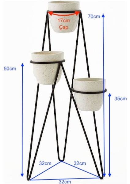 Metal Saksı Standı Iskandinav 3 Katlı Ayaklı Çiçeklik WD249