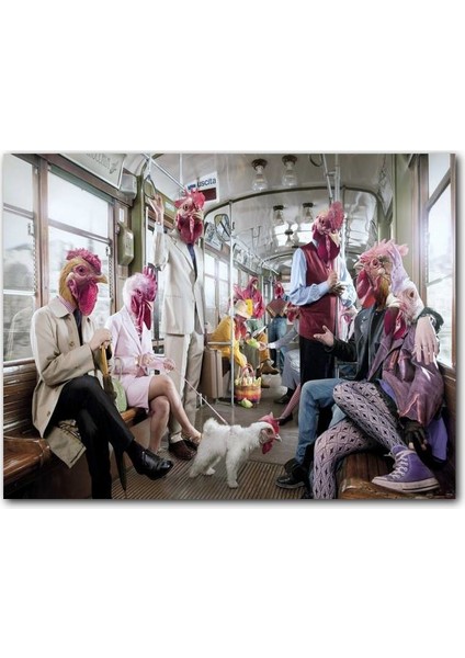 Cakatablo Ahşap Tablo Metroda Tavuk Başlıklı Komik Insanlar