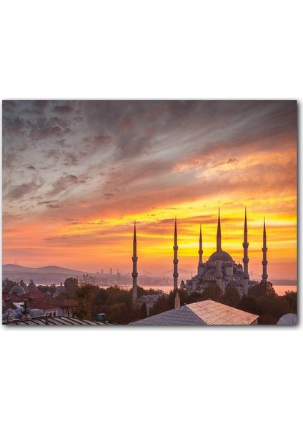 Cakatablo Ahşap Tablo Günbatımında Sultanahmet Camii ve Kızıl Bulutlar