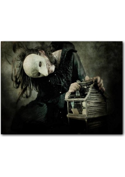 Cakatablo Ahşap Tablo Korkunç Maskeli Yaratık ve Mini Ağaç Kulübesi