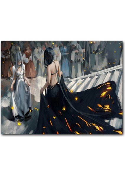 Cakatablo Ahşap Tablo Fantastik Sanat Siyah Giyimli Kraliçe ve Halk Kalabalığı Görseli