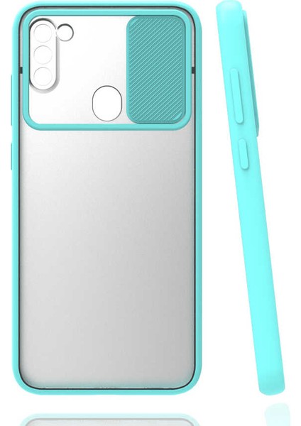 - Samsung Galaxy M11 - Kılıf Slayt Sürgülü Arkası Buzlu Lensi Kapak - Turkuaz - T15438