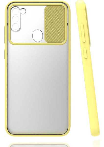 - Samsung Galaxy M11 - Kılıf Slayt Sürgülü Arkası Buzlu Lensi Kapak - Sarı - T15438