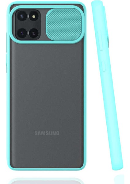 - Samsung Galaxy A81 (Note 10 Lite) - Kılıf Slayt Sürgülü Arkası Buzlu Lensi Kapak - Turkuaz - T15441