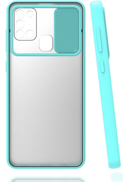 - Samsung Galaxy M31 - Kılıf Slayt Sürgülü Arkası Buzlu Lensi Kapak - Turkuaz - T15442