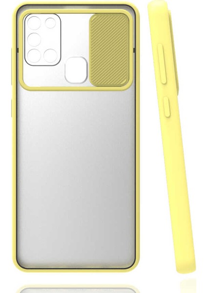 - Samsung Galaxy M31 - Kılıf Slayt Sürgülü Arkası Buzlu Lensi Kapak - Sarı - T15442