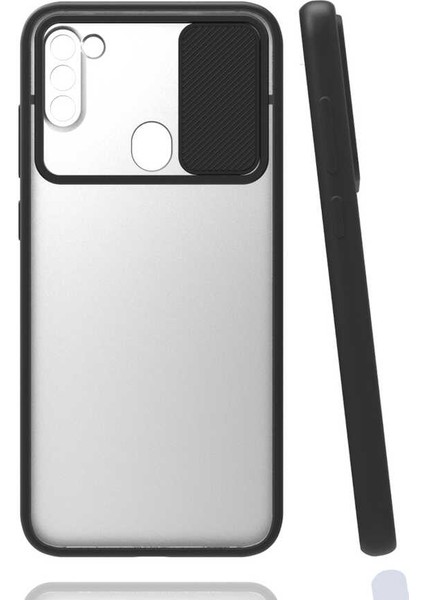 - Samsung Galaxy A11 - Kılıf Slayt Sürgülü Arkası Buzlu Lensi Kapak - Siyah - T15437