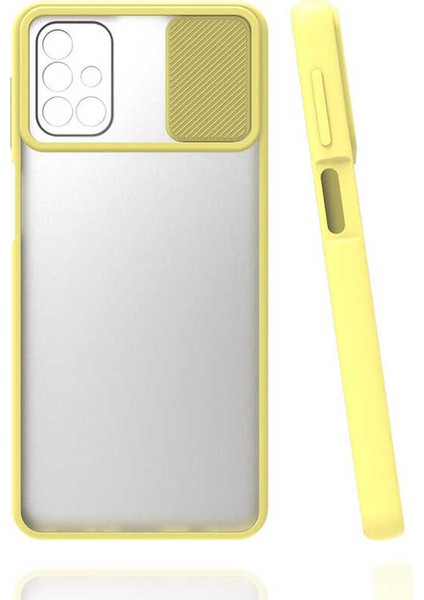 - Samsung Galaxy M31S - Kılıf Slayt Sürgülü Arkası Buzlu Lensi Kapak - Sarı - T15443