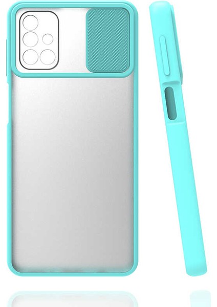 - Samsung Galaxy M31S - Kılıf Slayt Sürgülü Arkası Buzlu Lensi Kapak - Turkuaz - T15443