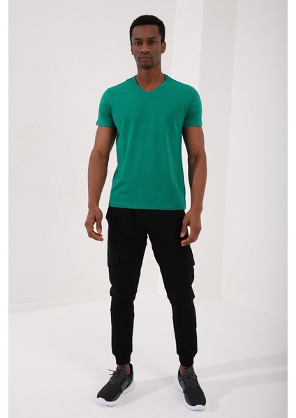 Koyu Yeşil Basic Kısa Kol Standart Kalıp V Yaka Erkek T-Shirt - 87912