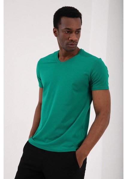 Koyu Yeşil Basic Kısa Kol Standart Kalıp V Yaka Erkek T-Shirt - 87912