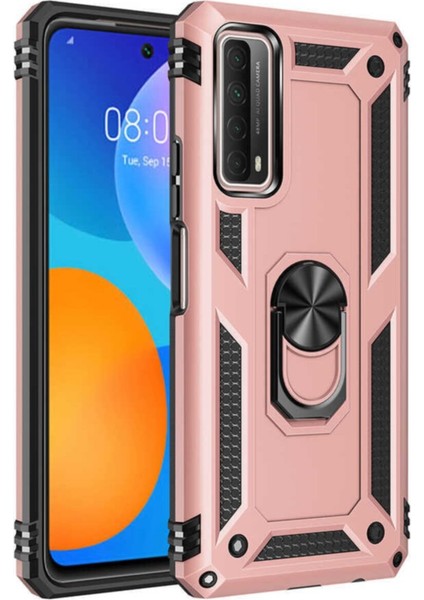 Huawei P Smart 2021 Kapak Military Yüzüklü Stantlı Panzer Tank Kılıf - Rose Gold