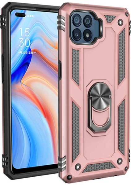 Oppo Reno 4 Lite Kapak Military Yüzüklü Stantlı Panzer Tank Kılıf - Rose Gold