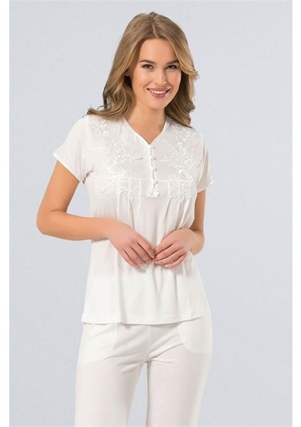 3236 Hazır Yaka Kadın Pijama Takımı - Ekru