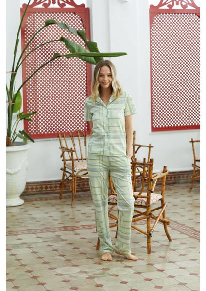 28654 %100 Pamuk Kısa Kollu Kadın Pijama Takımı - Yeşil