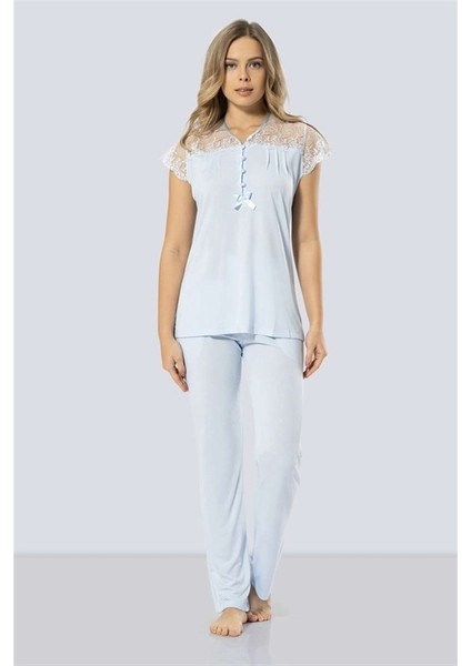 3197 Dantelli Pijama Takımı - Mavi