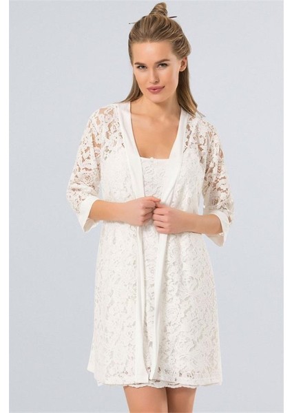 3270 Dantelli Gecelik Sabahlık Takım - Ekru