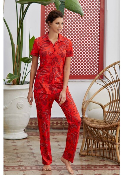 28612 Modal Şal Derosn Kısa Kollu Kadın Pijama Takımı - Kırmızı