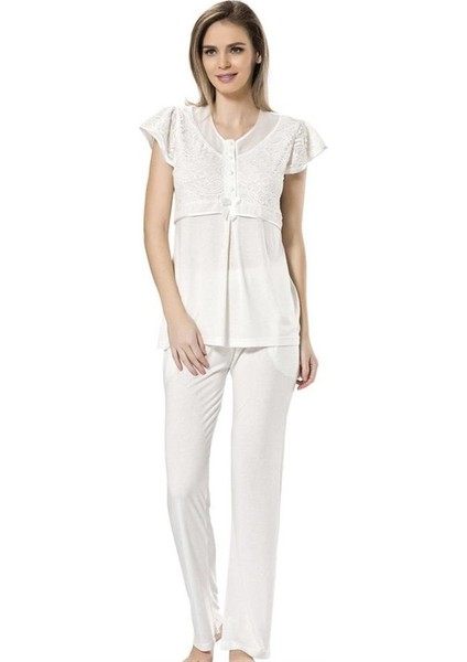 3199 Dantelli Pijama Takımı - Ekru