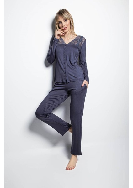 18209 Uzun Kollu Pijama Takım - Lacivert