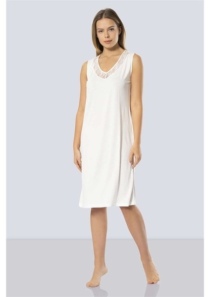 3285 Dantelli V Yaka Gecelik - Ekru fiyatları