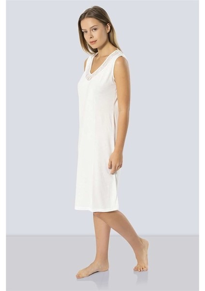 3285 Dantelli V Yaka Gecelik - Ekru fırsatları