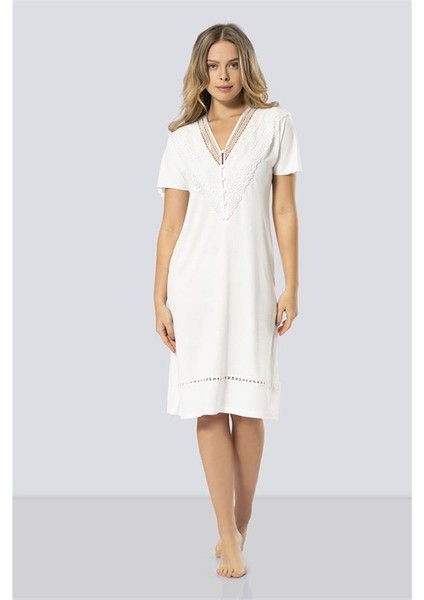 3282 Güpürlü V Yaka Gecelik - Ekru