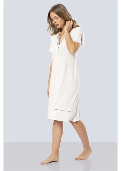 3282 Güpürlü V Yaka Gecelik - Ekru fiyatları