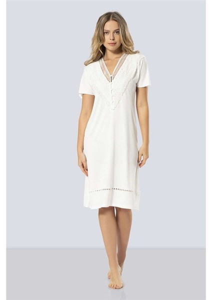 3282 Güpürlü V Yaka Gecelik - Ekru fırsatları