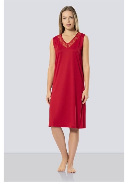 3285 Dantelli V Yaka Gecelik - Kırmızı