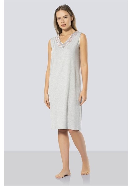 3285 Dantelli V Yaka Gecelik - Gri