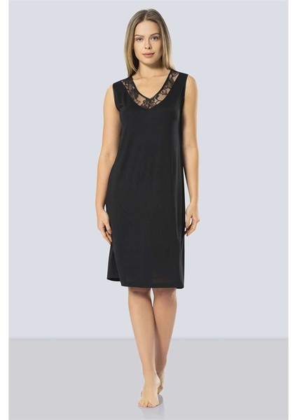 3285 Dantelli V Yaka Gecelik - Siyah fırsatları