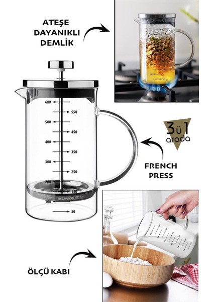 3’ü 1 Arada Ateşe Dayanıklı French Press 600 ml.