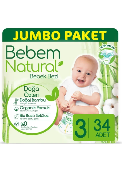 Bebem Natural Bebek Bezi 3 Beden Midi 34 Adet