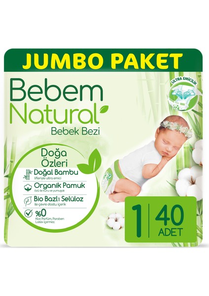 Bebem Natural Bebek Bezi 1 Beden Yenidoğan 40 Adet