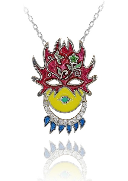 Beyaz Taşlı Renkli Mineli Ateş Maske Gümüş Kolye
