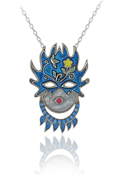 Turkuaz Taşlı Renkli Mineli Ateş Maske Gümüş Kolye