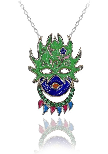 Yeşil Taşlı Renkli Mineli Ateş Maske Gümüş Kolye
