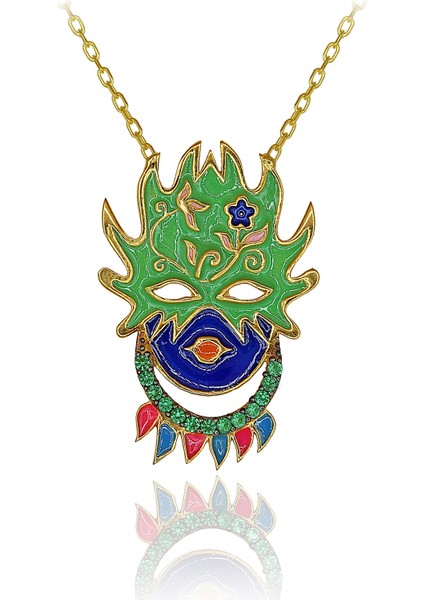 Yeşil Taşlı Renkli Mineli Ateş Maske Gümüş Kolye