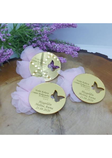 30 Adet Yuvarlak Kelebek Desenli Fiyonklu Pleksi Bebek Si