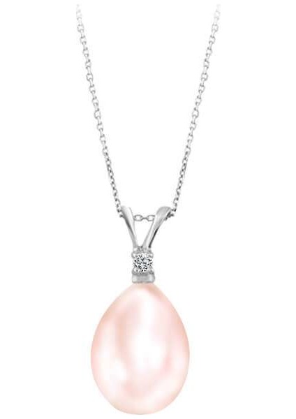 Pırlanta Taşlı Drop Pembe İnci Kolye 0402P0001
