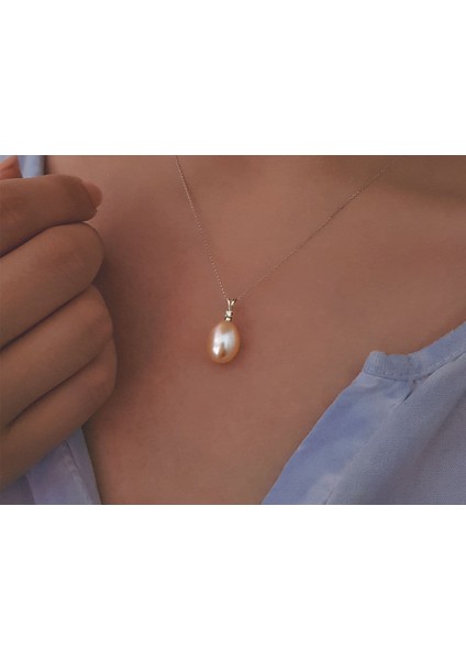 Pırlanta Taşlı Drop Pembe İnci Kolye 0402P0001