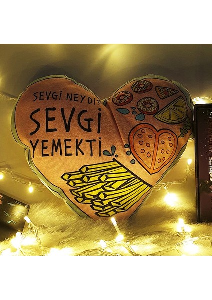 Sevgi Neydi Sevgi Yemekti 34 cm Kalp Yastık