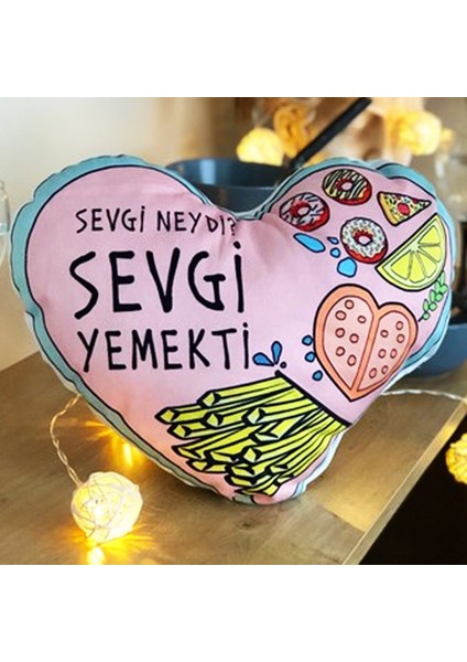 Sevgi Neydi Sevgi Yemekti 34 cm Kalp Yastık