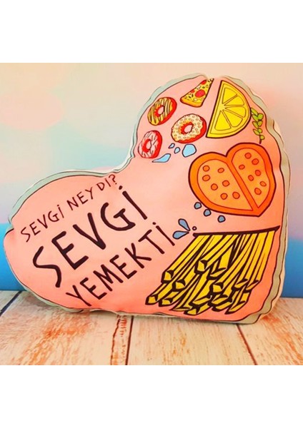 Sevgi Neydi Sevgi Yemekti 34 cm Kalp Yastık