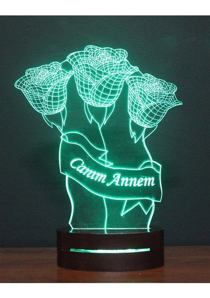 16 Renk - Canım Annem 3 Gül 3D LED Lamba