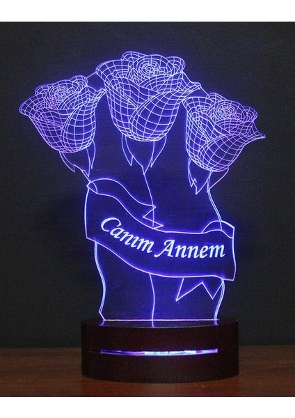 16 Renk - Canım Annem 3 Gül 3D LED Lamba