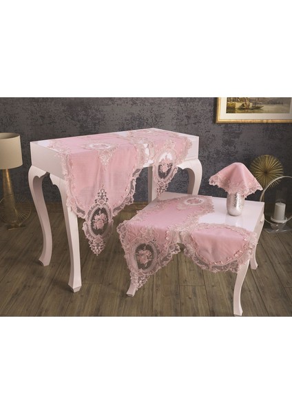 Fransız Güpürlü Kadife Elit Salon Takımı 5 Parça Pudra