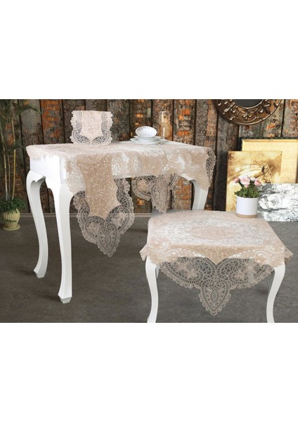 Suman Kordone Lüx Kadife Nakışlı 5 Parça Salon Takımı Cappucino