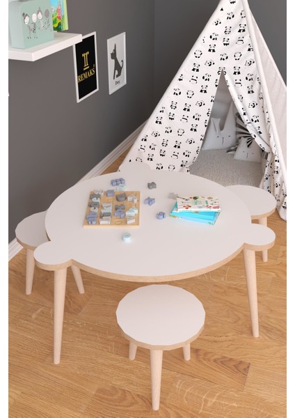 Yuvarlak Yaz Sil Yüzey Çocuk Masa Sandalye Takımı 1 Aktivite Oyun Masası 2 Sandalye - Beyaz